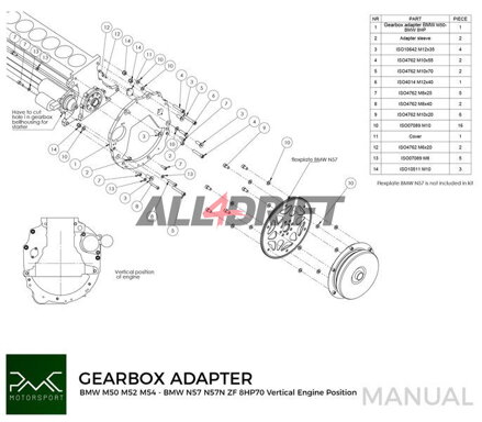 PMC adapter BMW M50 S50 M52 M54 motorhoz és sebességváltóhoz BMW N57N N57 Diesel ZF 8HP70 / M57N / M57N2 GS6-53DZ E90 330D E60 530D (FÜGGŐLEGES)