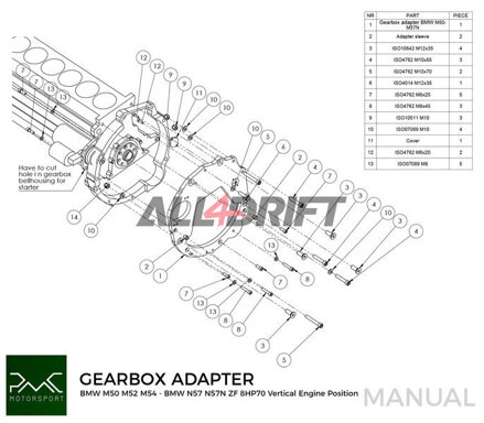 PMC adapter BMW M50 S50 M52 M54 motorhoz és sebességváltóhoz BMW N57N N57 Diesel ZF 8HP70 / M57N / M57N2 GS6-53DZ E90 330D E60 530D (FÜGGŐLEGES)