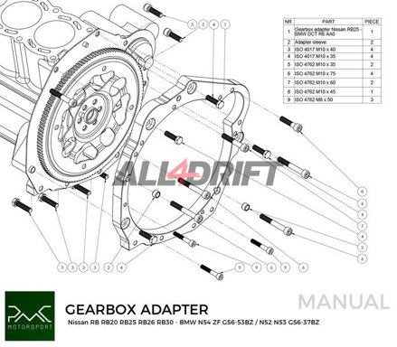 PMC adapter Nissan RB RB20 RB25 RBB6 RB30 motorhoz és BMW F87 M2 / F80 M3 F82 / F83 M4 DCT GS7D36SG R6 / N54 GS6-53BZ / N52 N53 GS6-37BZ sebességváltókhoz