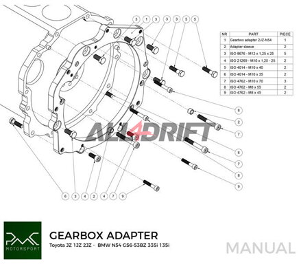 PMC adapter Toyota JZ 1JZ 2JZ motorhoz és BMW N54 /GS6-53BZ / N54 GS6-45BZ / N52 N53 GS6-37BZ sebességváltókhoz